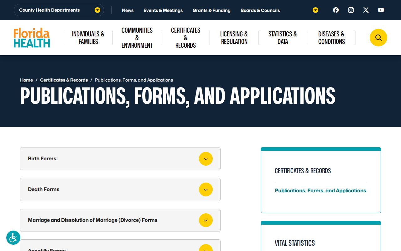 Florida Health forms page for birth, death, marriage and divorce records
