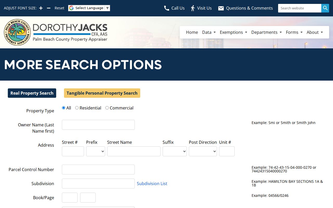Palm Beach County PAPA Advanced Search with ZIP and municipality filters